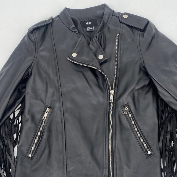 H&M Size 4 Black Faux Leather Brando Style Jacket With Fringes Western Boho - Picture 6 of 12